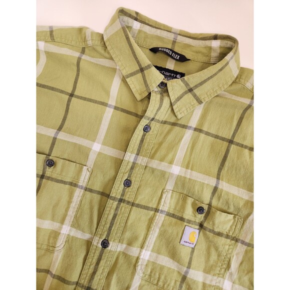 Carhartt Rugged‎ Flex Shirt Men's 2XL Green Short Sleeve Button Up Plaid Relaxed - Picture 1 of 7